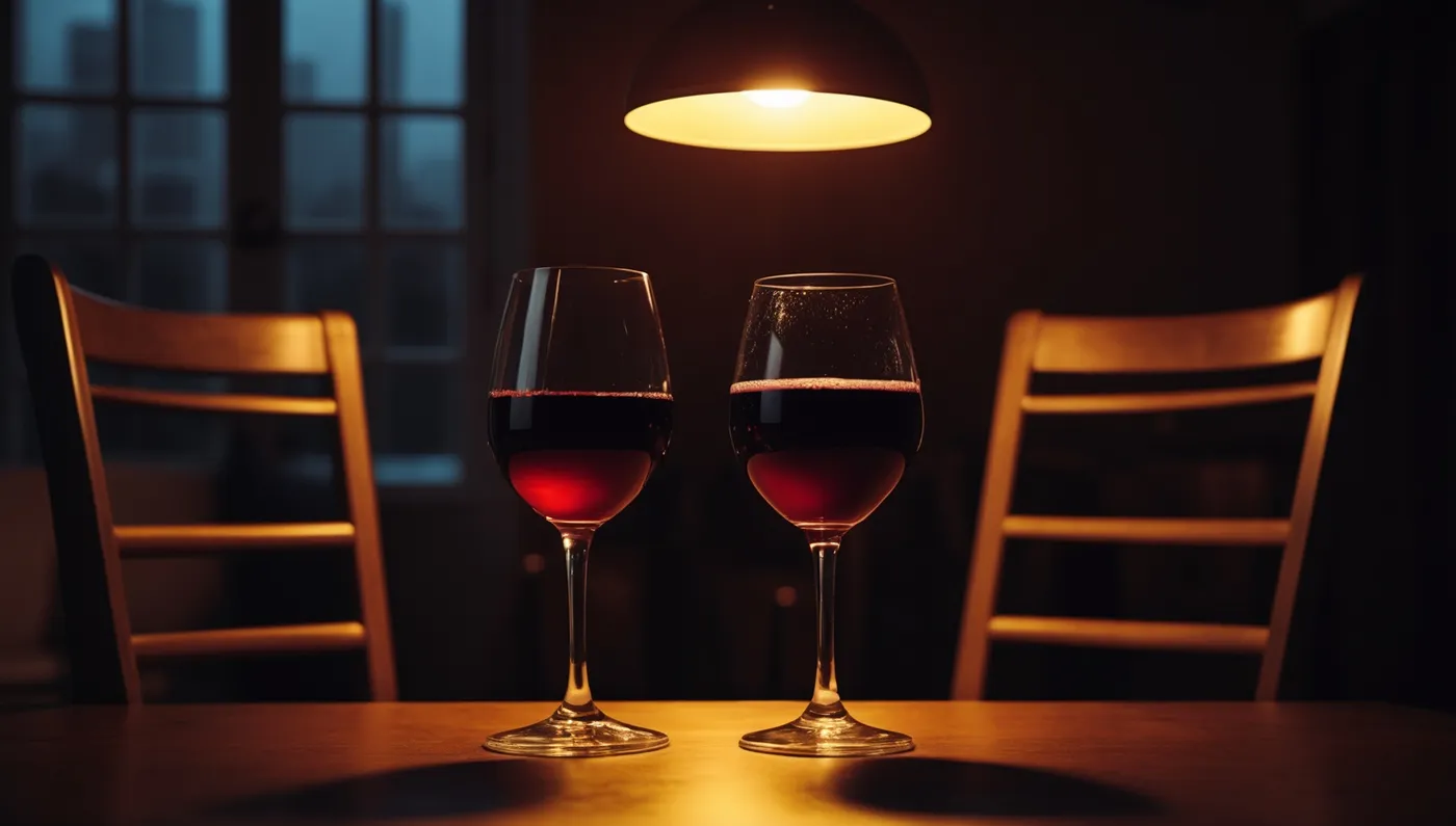 Deux verres de vin sur une table de cuisine la nuit, chaises écartées.