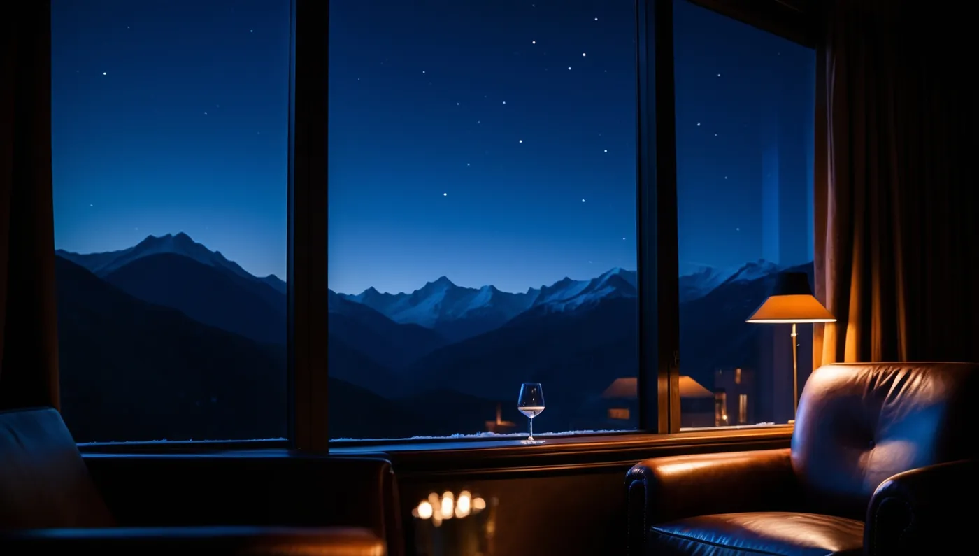Un salon sombre devant une fenêtre ouverte sur des montagnes de nuit.