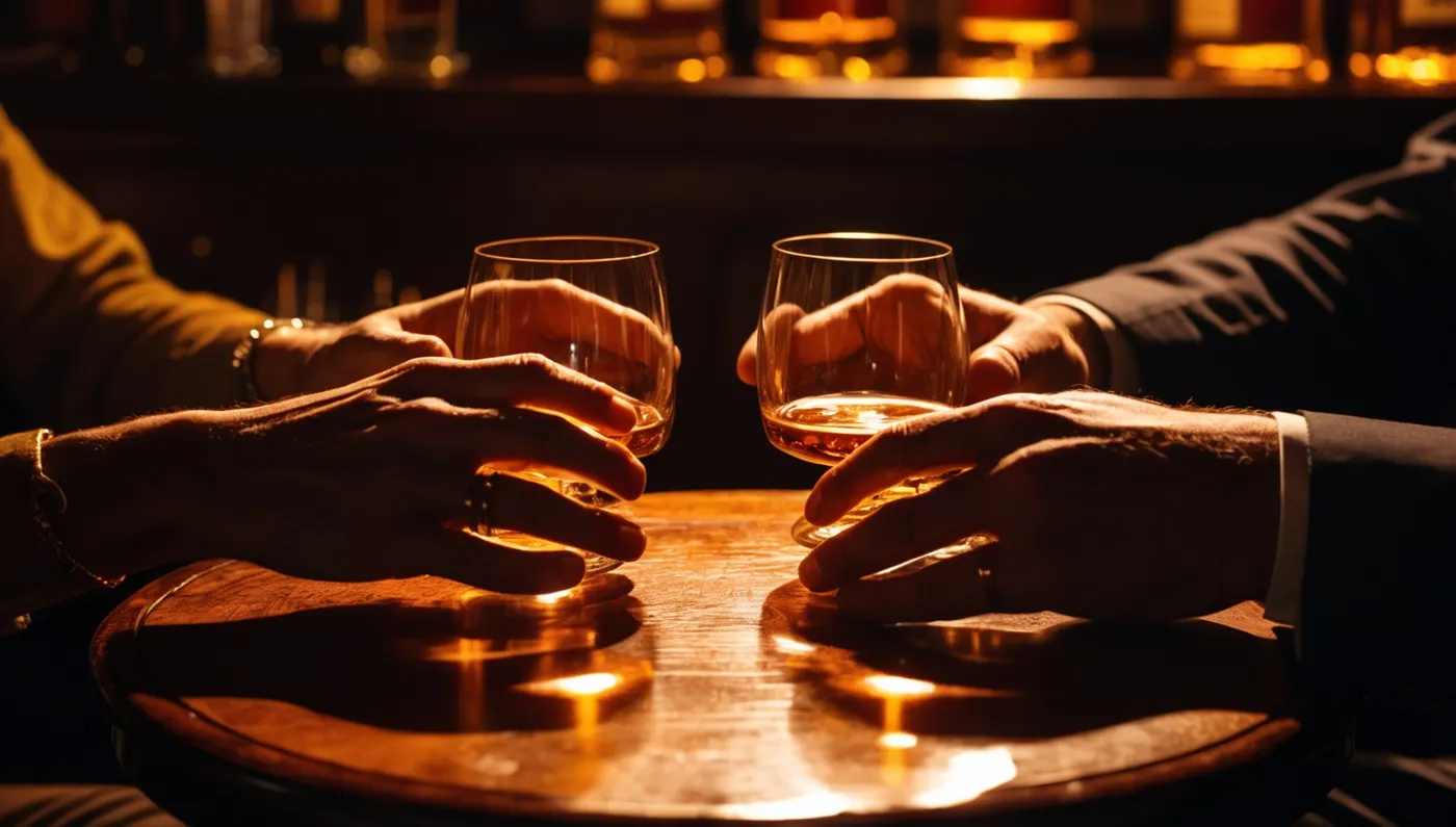 Quatre mains posées sur une table ronde, des verres entre elles.