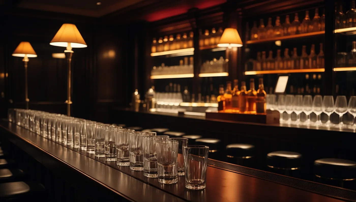 Le bar d’un club avant l’ouverture : verres alignés, salle vide.