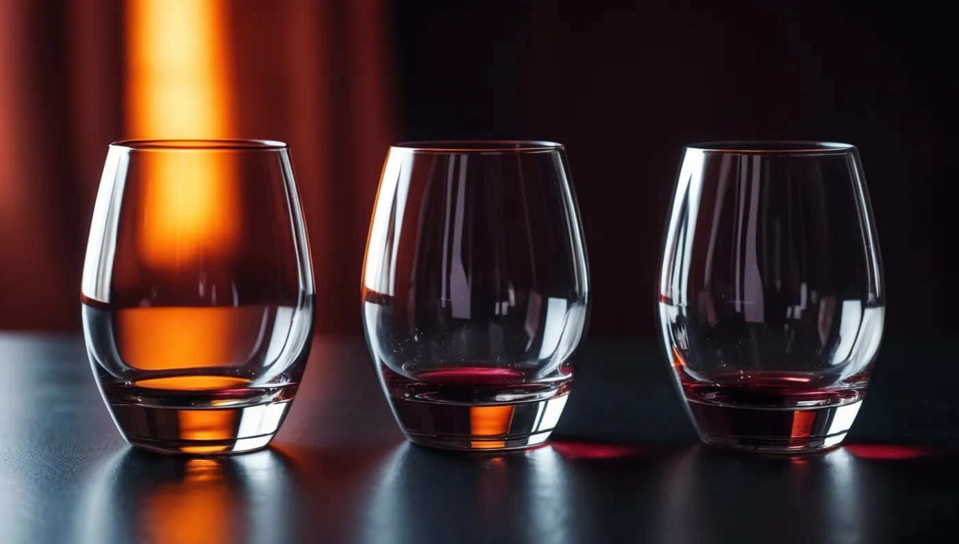 Trois verres posés à des distances différentes sur une table sombre.