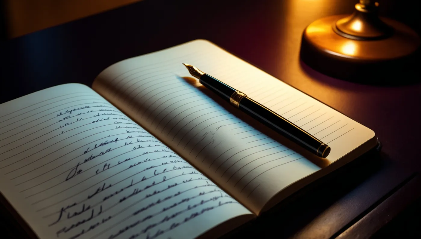 Un carnet ouvert sous une lampe, un stylo posé dans la reliure.