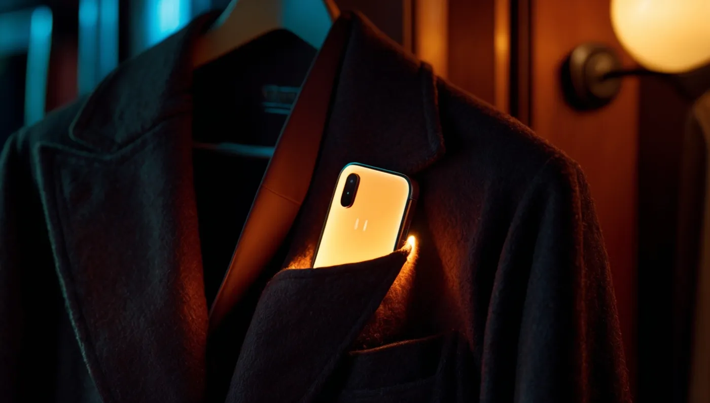 Un téléphone allumé dans la poche d’un manteau, dans le noir.