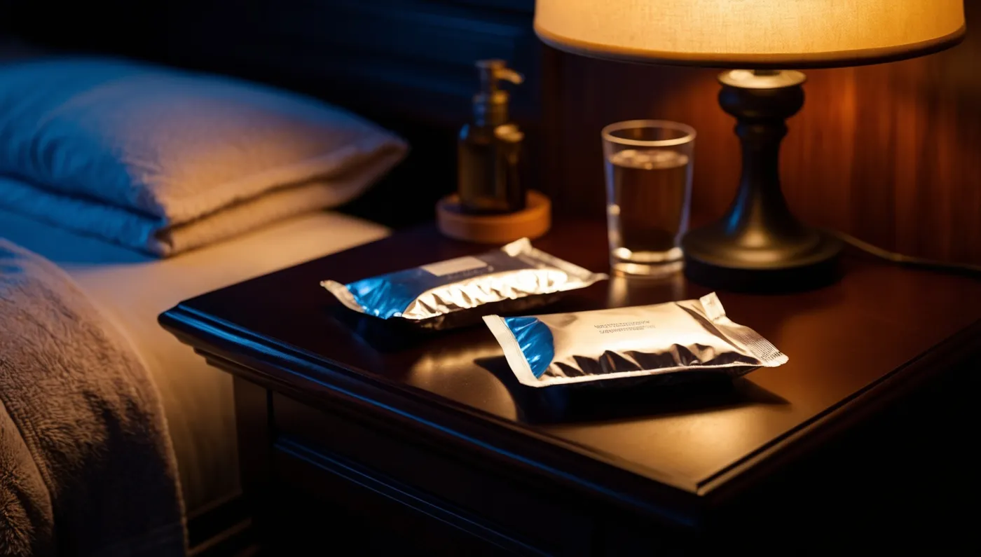 Deux préservatifs et un verre d’eau sur une table de nuit.