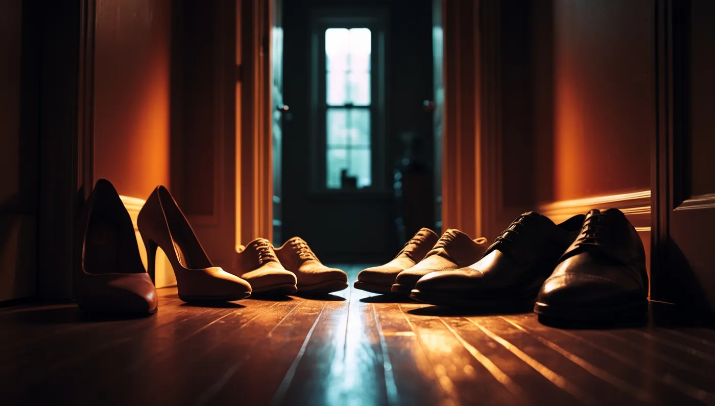 Quatre paires de chaussures laissées devant une porte de chambre.