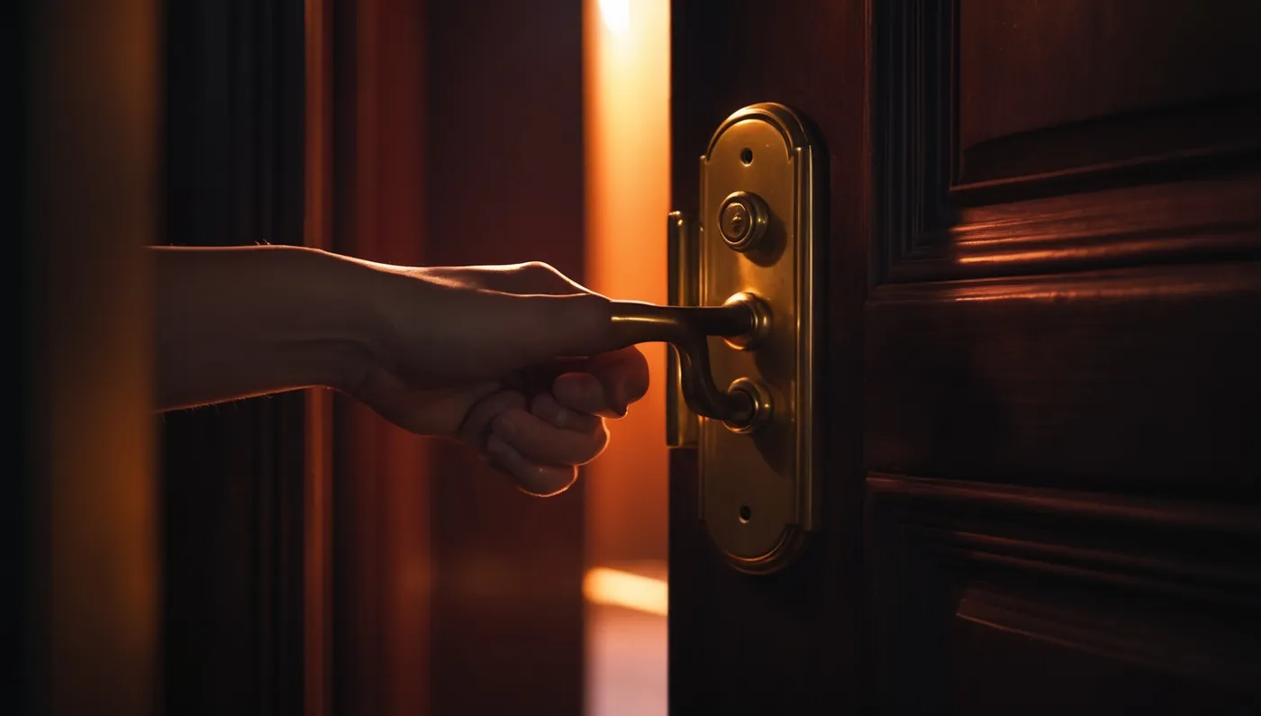 Une main posée sur une poignée de porte en laiton, sans la tourner.