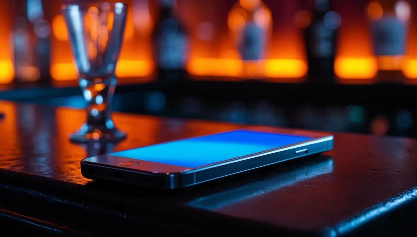 Un téléphone allumé sur un comptoir de bar, lumière froide sur fond ambré.