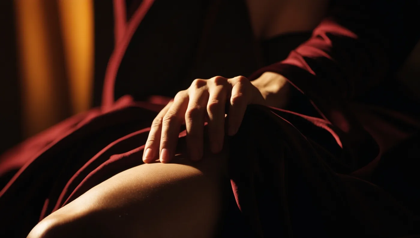 Une main posée sur une cuisse nue, immobile, en lumière basse.