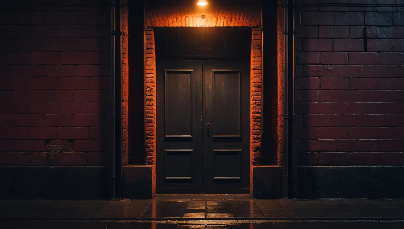 Une porte sombre dans une façade de brique rouge, la nuit.