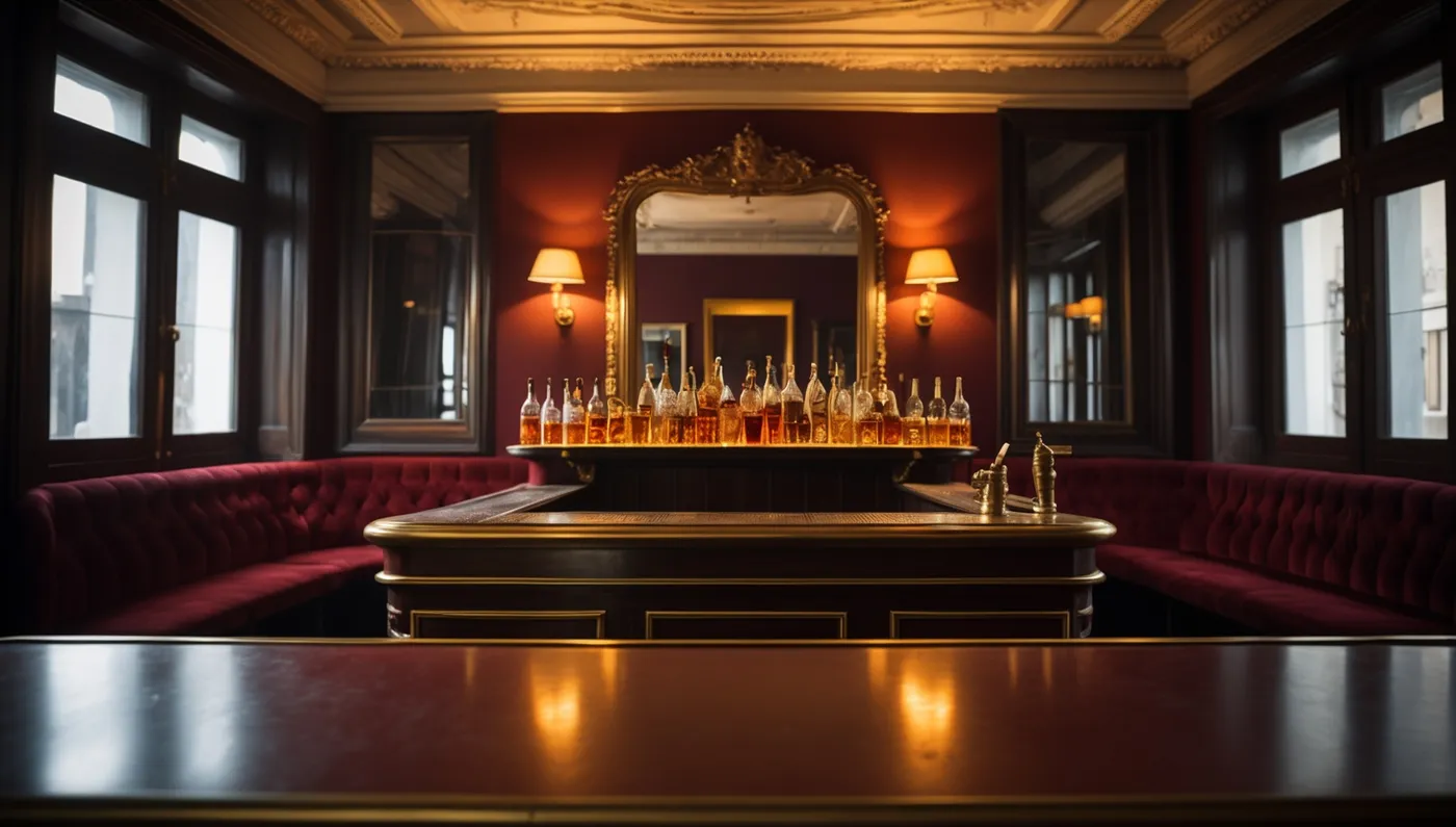 Comptoir de bar en laiton et bois sombre dans un intérieur bourgeois.