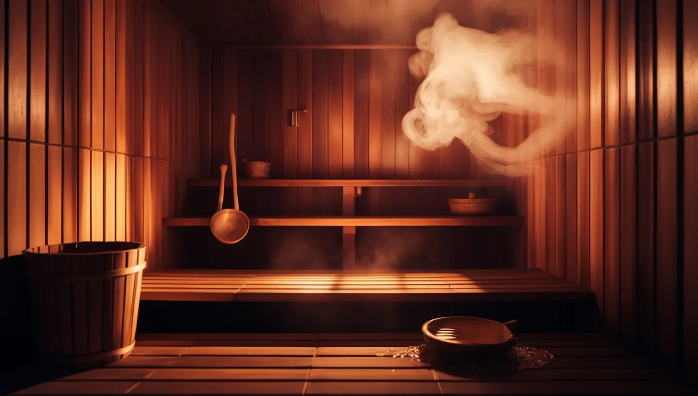 Intérieur de sauna : lattes de cèdre, vapeur, lumière basse.