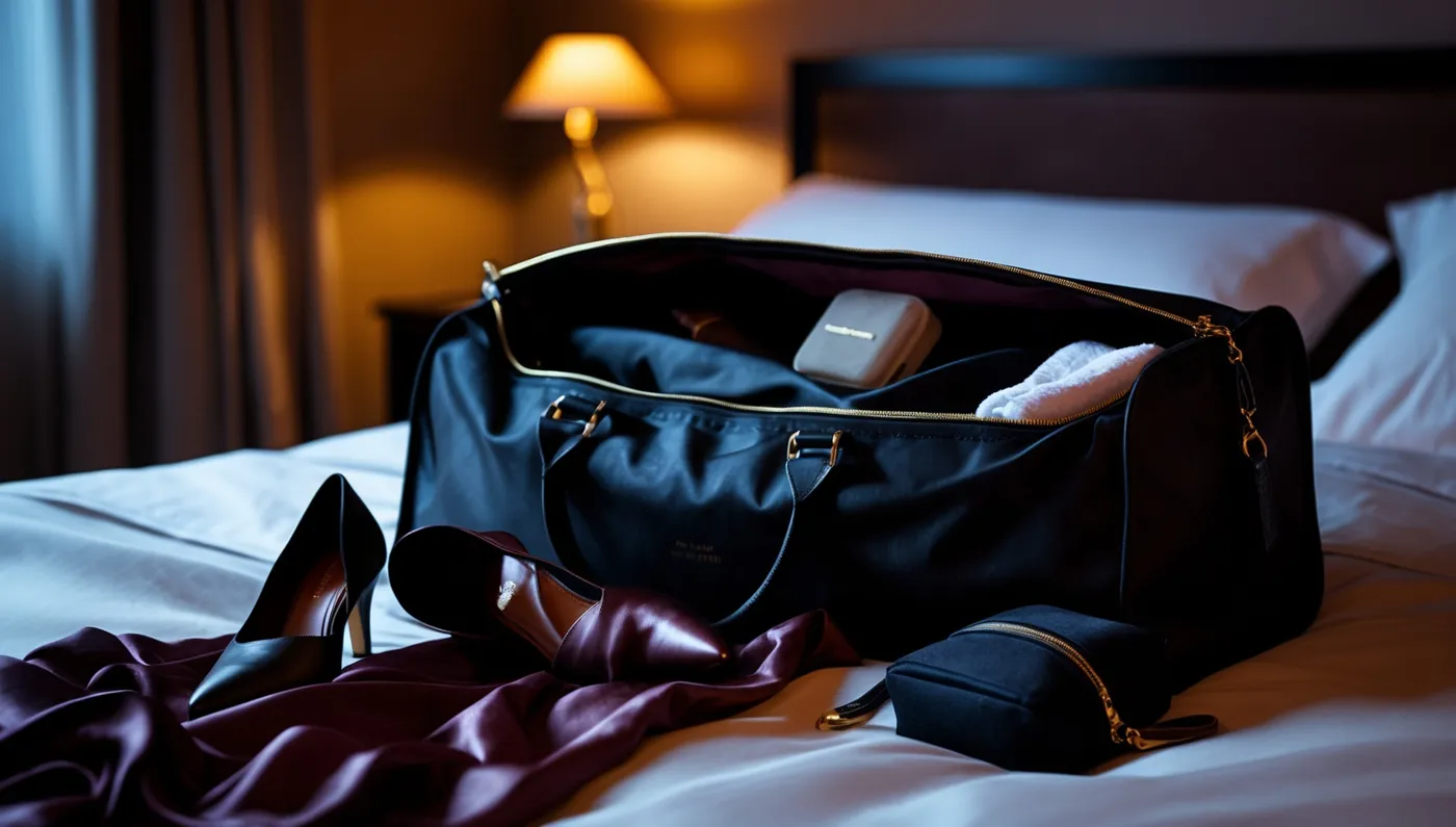 Un sac de voyage ouvert sur un lit, soie et escarpins.