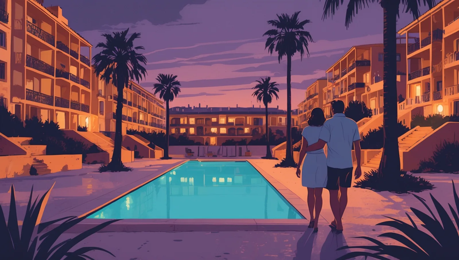 Illustration : une résidence de vacances méditerranéenne au crépuscule, piscine éclairée, palmiers, un couple de dos marchant le long du bassin.