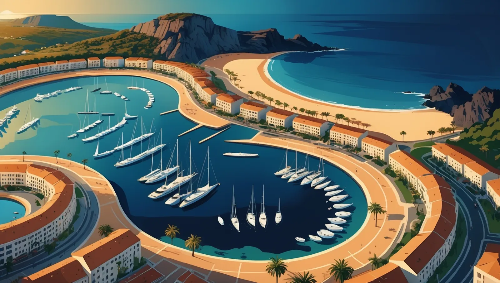 Illustration : une marina méditerranéenne vue du ciel, en fin de journée.