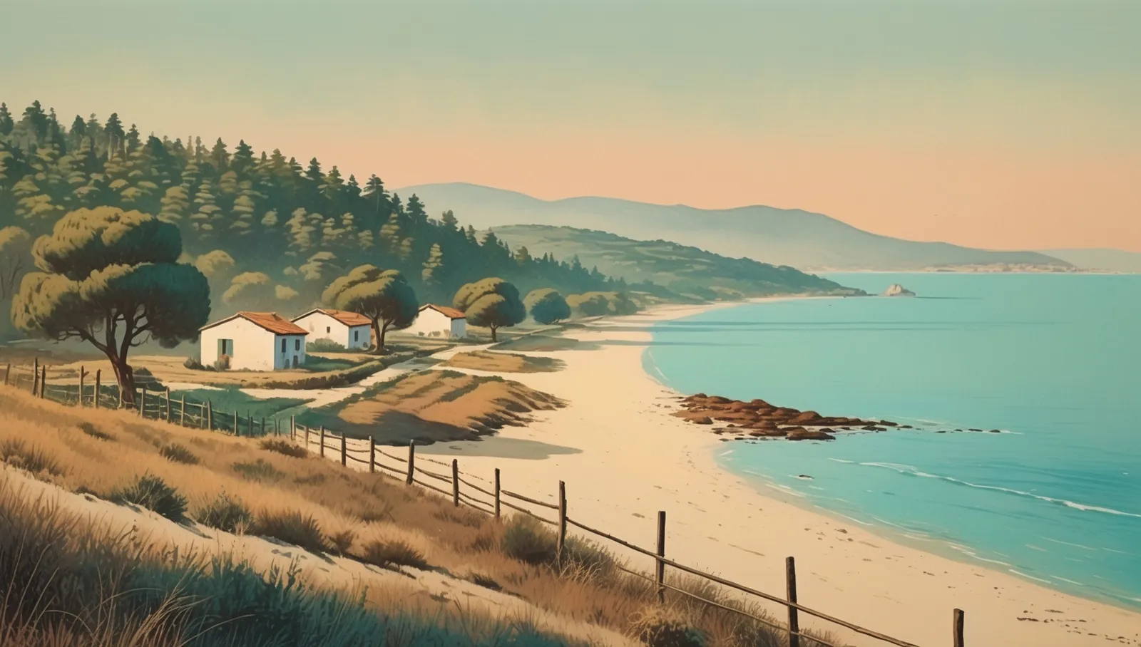 Illustration : un littoral méditerranéen des années 1950, pinède, bungalows blancs et plage déserte.