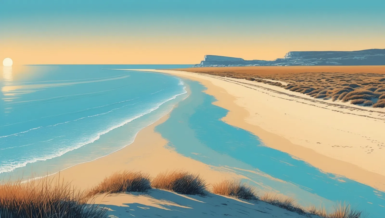 Illustration : une longue plage méditerranéenne déserte au lever du jour, dunes et oyats.