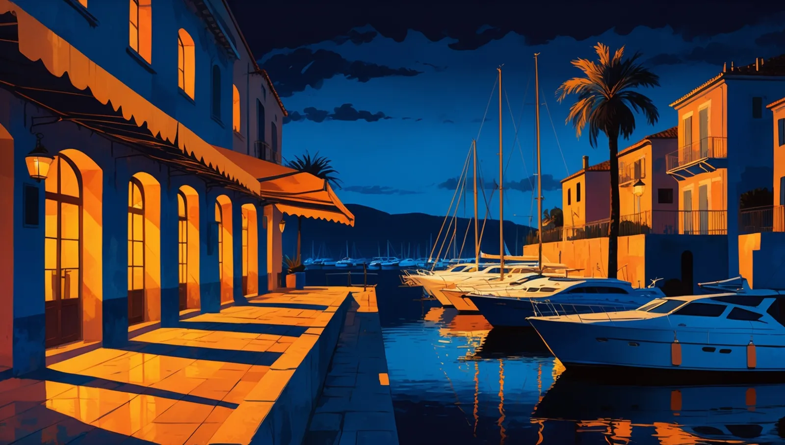 Illustration : un port méditerranéen à la tombée de la nuit, terrasses éclairées et voiliers amarrés.