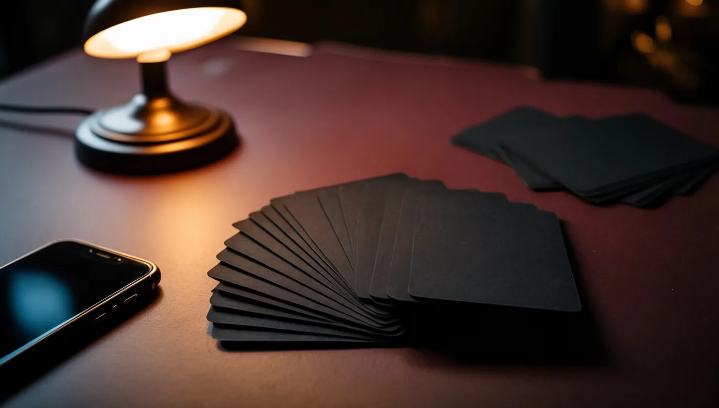 Des cartes sombres étalées en éventail sous une lampe.