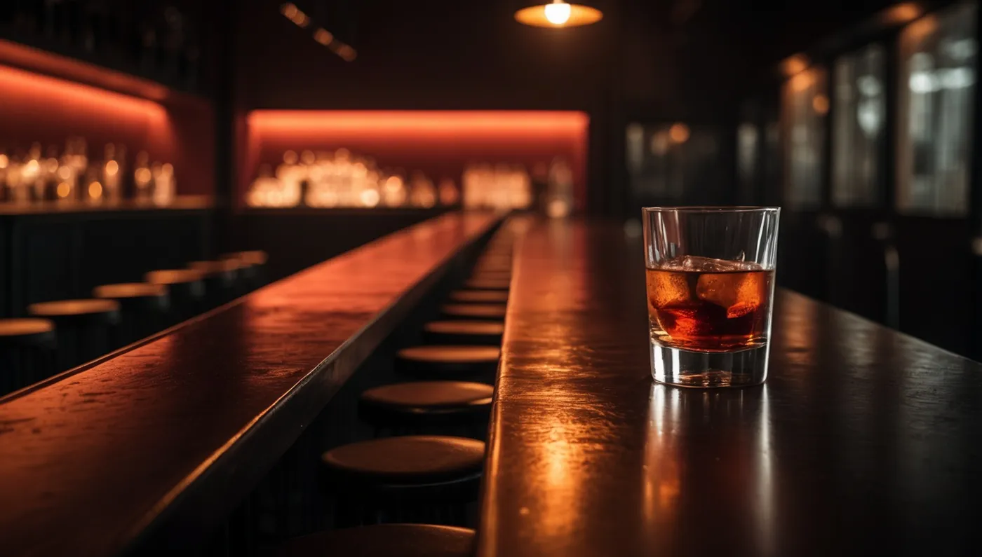 Un verre seul au bout d’un long comptoir, tabourets vides.
