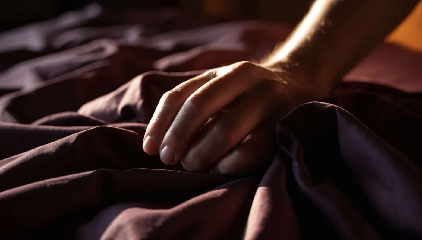 Une main crispée sur un drap sombre, en lumière rasante.