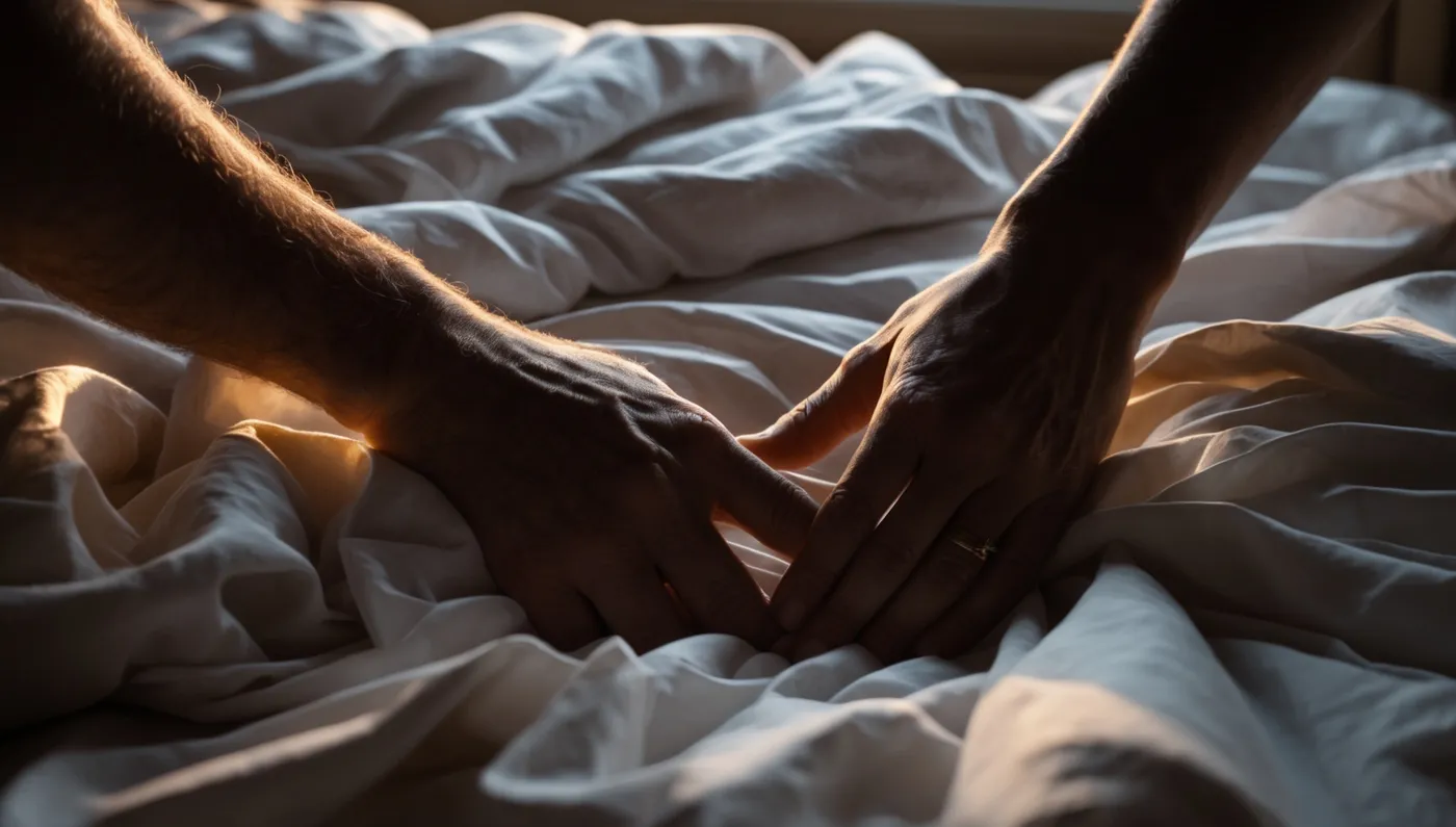Deux mains qui se rejoignent sur des draps froissés, lumière du matin.