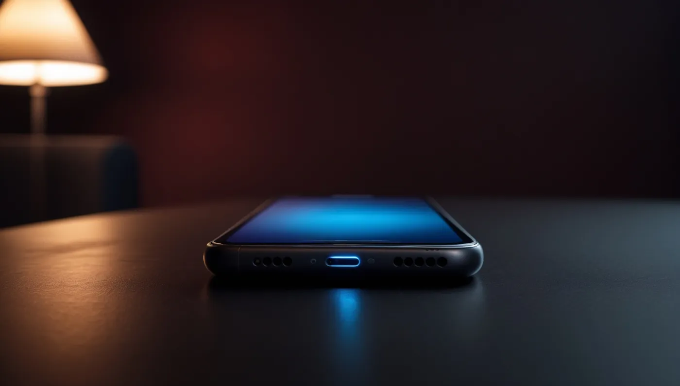 Un téléphone retourné sur une table, une seule diode allumée.