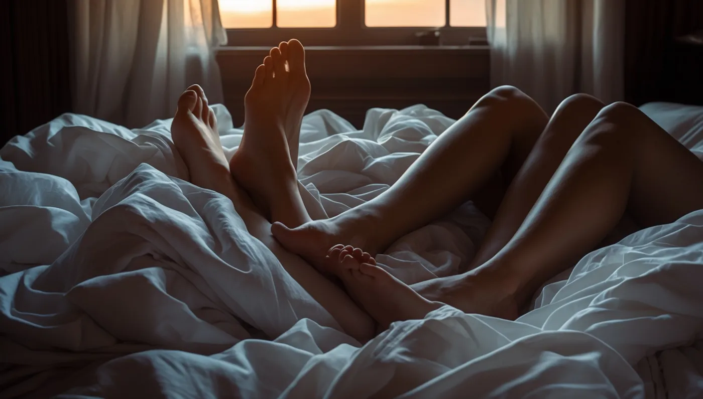 Deux paires de jambes emmêlées dans des draps au petit matin.